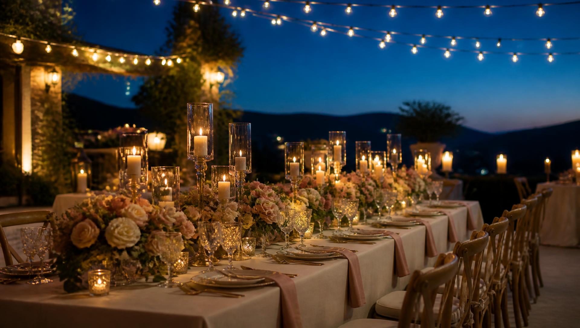 A candlelit outdoor wedding reception at dusk